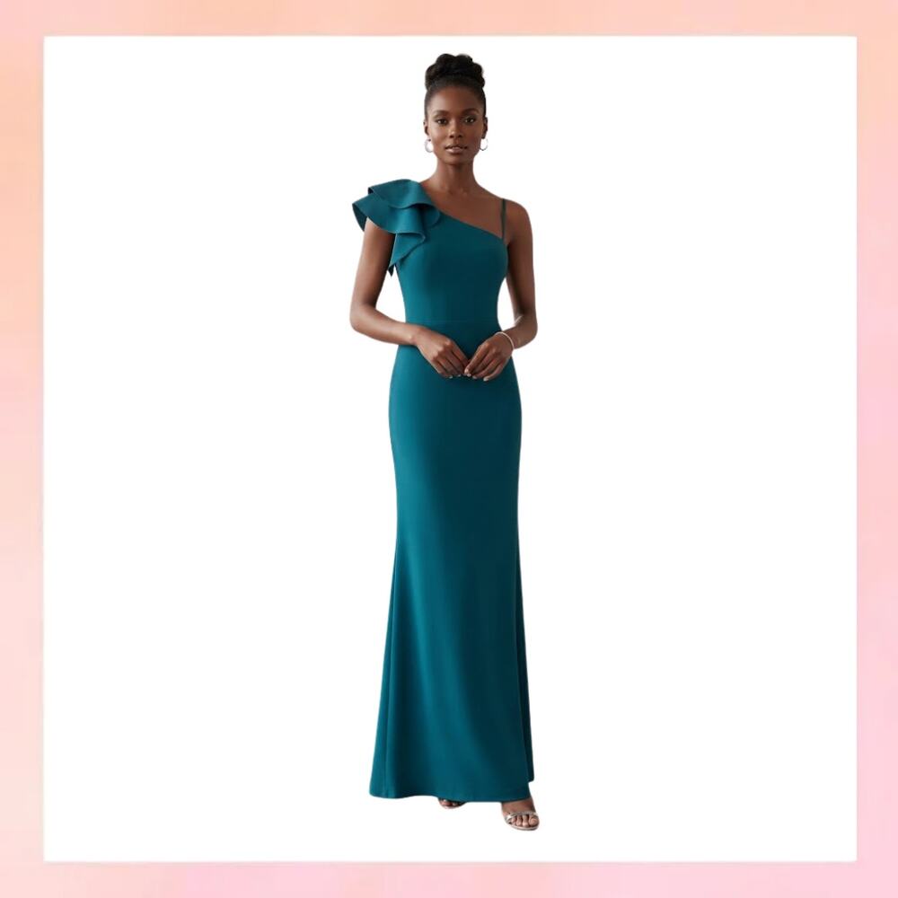 Jessica Howard Teal Blue One Shoulder Ruffle Formal Long Gown Size 10